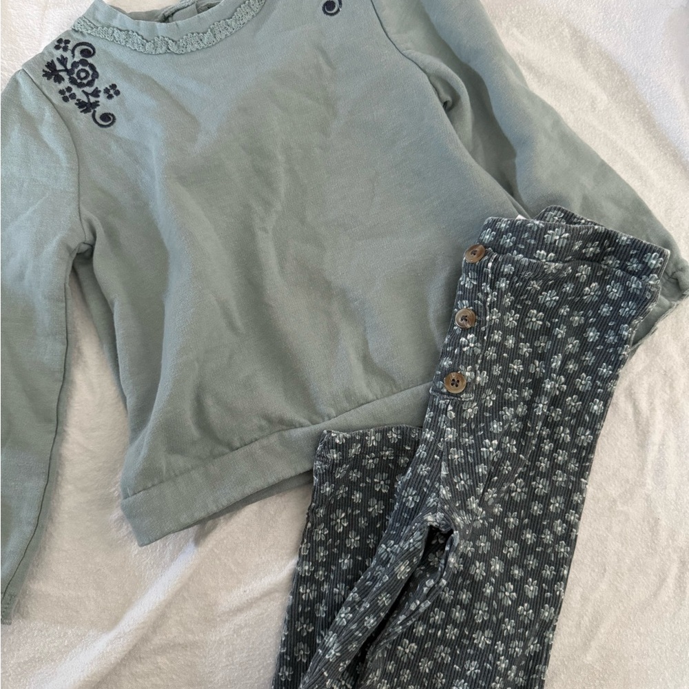 Girls Dusty Sage Green Sweatshirt & Floral Ribbed Leggings Set